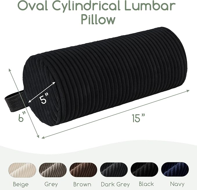 HIGOGOGO Lumbar Roll Lumbar Support Pillow for Office Chairs, Cars, and Gaming Chairs, Back Cushion with Washable Cover & Adjustable Strap to Relieve Back Pain and Improve Posture, 15"x6"x5", Black
