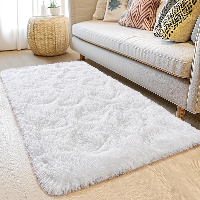 Awaytail Fluffy 4x6 Area Rug–1.4" High-Pile Plush Carpet, Fuzzy Nursery Rugs for Bedroom, Soft Throw Rug for Living Room–White