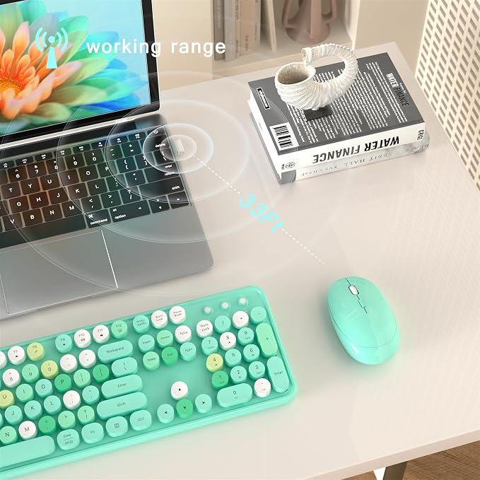 MPTOG Colorful Wireless Computer Keyboard and Mouse Combo with Round Typewriter Keycaps, Retro Design, Power Switch, Ergonomic Design, 2.4GHz Wireless for Windows, Mac, PC(Green-Colorful)
