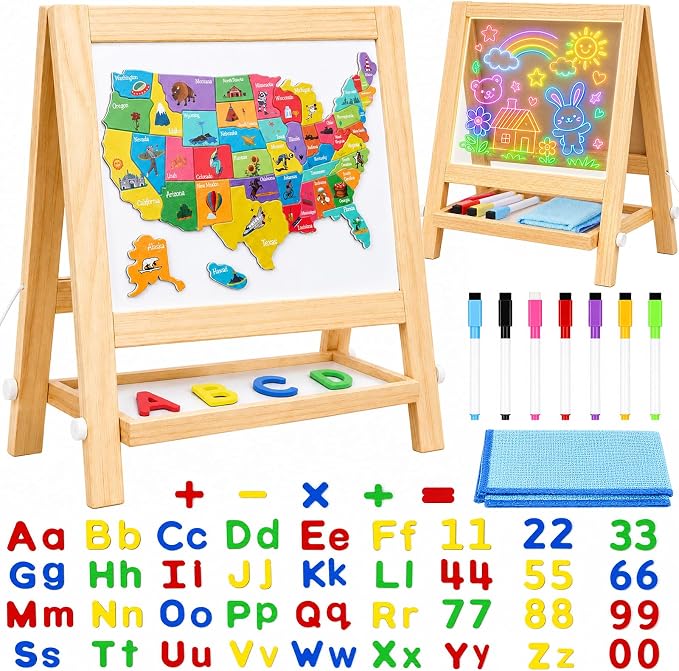 Magnetic Easel for Kids, Double-Sided LED Light Up Drawing Board Toddler | Wooden Tabletop Art Station with 7 Markers, US Map and Alphabet Number Magnets, Gift for Boys Girls 3-6