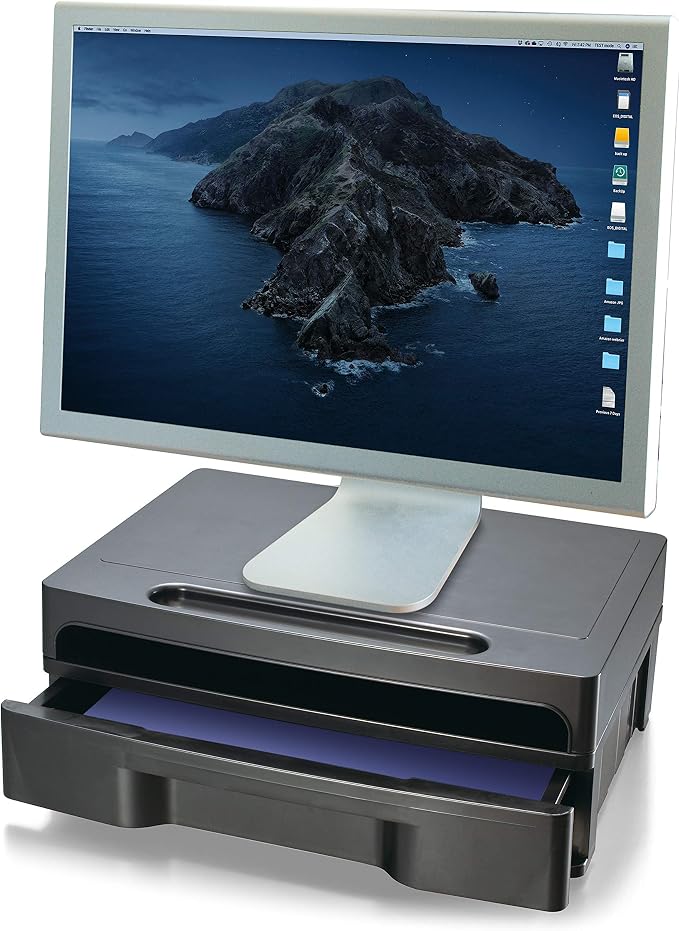 Officemate 2200 Series Monitor Stand with Security Drawer - Executive Monitor Riser and Desk Organizer, 13-1/8" x 9-7/8" x 5", Black