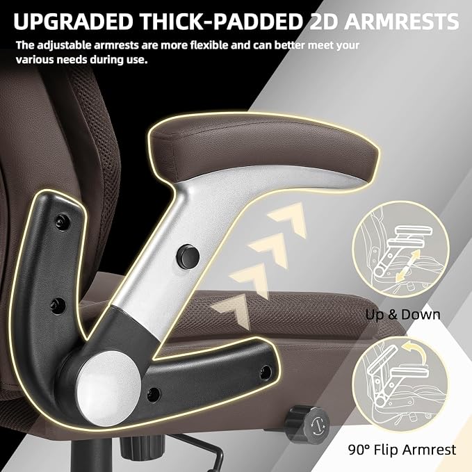 VITESSE 600lbs Big and Tall Office Chair with Flip up Armrest, Large Heavy Duty with Ergonomic Lumbar Support, Executive Office Chair for Heavy People with Rubber Wheel(Brown)