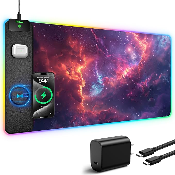 TopMade Wireless Charging Mouse Pad, RGB Gaming Mousepad Home Office Desk Pad, 31.5” x 15.8” Large Desk Mat, Waterproof Keyboard Pad, Red Nebula (Includes 20W PD Power Adapter & 6.56ft Woven Cable)