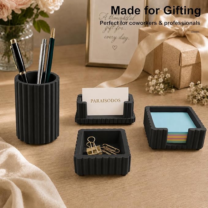 Concrete Desk Organizer Set of 4, Modern Desk Accessories, Black | Pen holder, Sticky note holder, Paper clip tray, Business card holder, Soft anti-slip pads, For home and office use