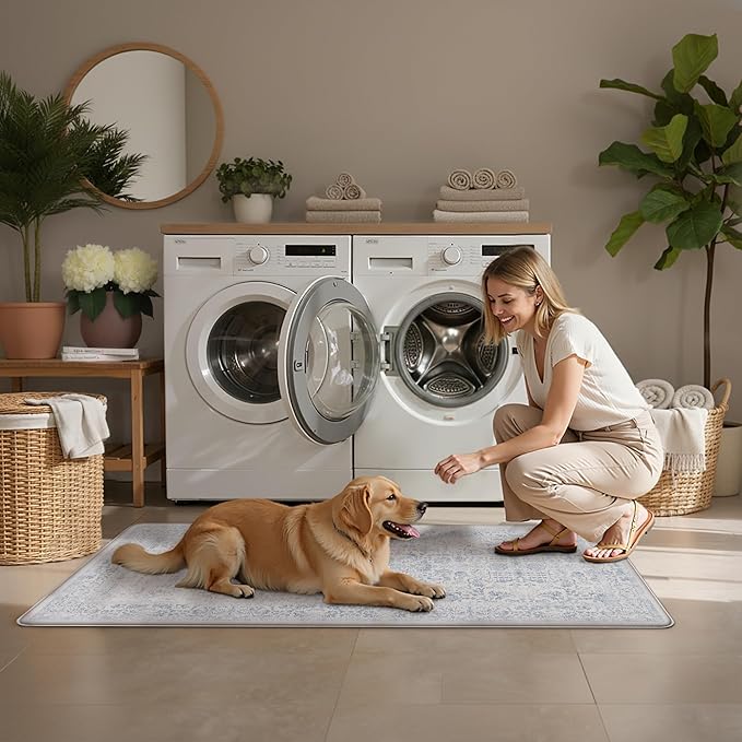 Kitchen Mats 2PCS Anti Fatigue Cushioned Mat Light Blue Vintage Kitchen Mats for Floor Waterproof Non Slip Comfort Standing Retro Floral Rug for Sink Laundry Office 17.3"x59"+17.3"x30"