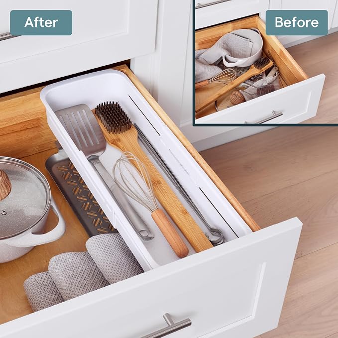 YouCopia DrawerFit® Sliding Drawer Bin, Expandable and Adjustable Kitchen Storage Organizer, Speckled White