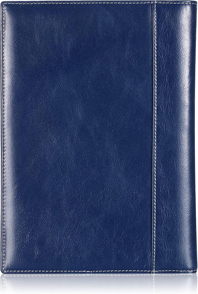 HISCOW Slim Leather Junior Padfolio, 5x8 Notepad Cover, Antiqued Blue | Full-grain buffalo leather, top-loading legal pad holder, rigid pen loop, quick-access card slot, zipperless boardroom design