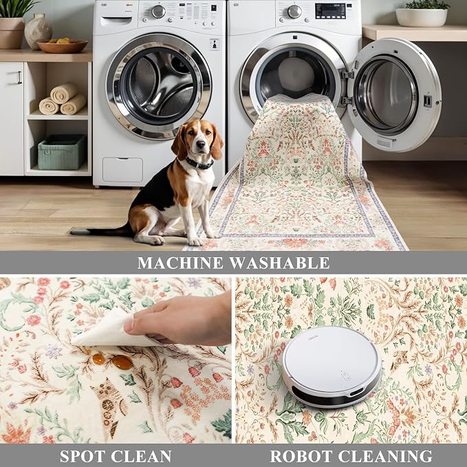 Botanical Beige 3x5 Area Rug - Non-Slip Washable Soft Low-Pile Small Area Rugs for Kitchen Bedroom Entryway Kid Room – Vintage Florals Door mat Indoor (Cream, 3x5)