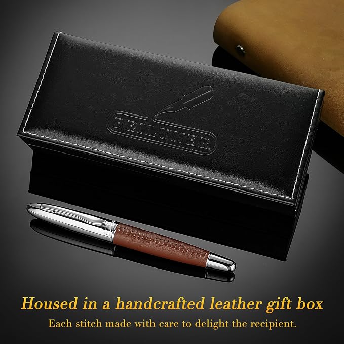 BEILUNER 318 Luxury Leather Pen, Hand-Stitched Premium Leather, Chrome-Plated Finish, Smooth Black Ink Refill, Fancy Rollerball Pen Gift Set for Men & Women, Executive Writing, Nice Designer pen