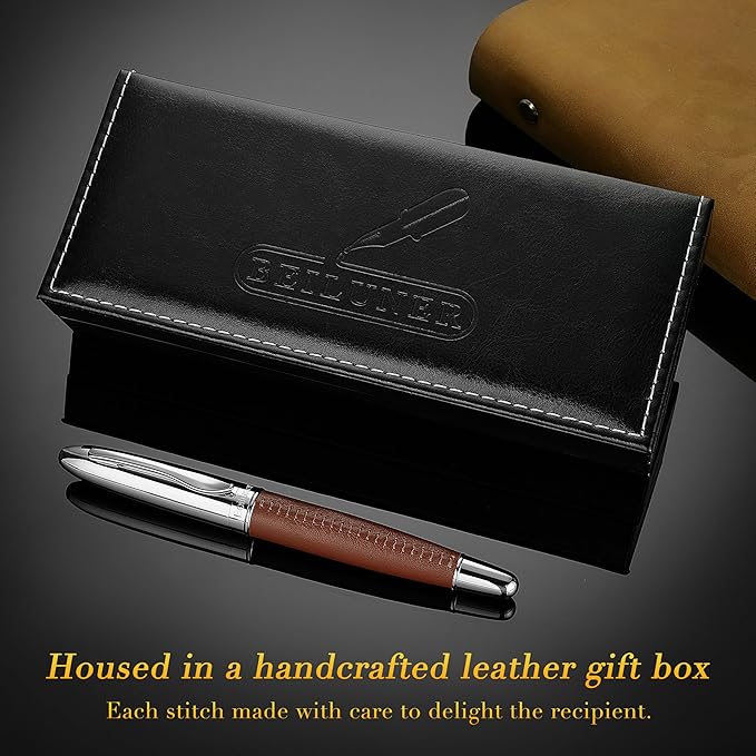 BEILUNER 318 Luxury Personalized Leather Pen, Hand-Stitched Premium Leather, Chrome-Plated Finish, Smooth Black Refill, Fancy Rollerball Gift Set for Men & Women, Executive Writing, Nice Designer pen