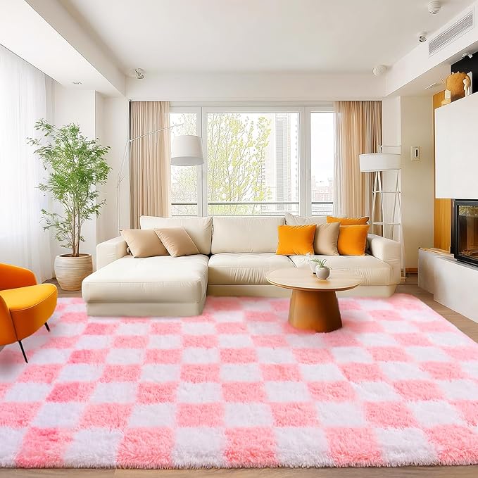 Area Rugs for Living Room Bedroom 9x12, Ultra Fluffy Shag Checkered Rug Modern Washable Carpet Soft Shaggy Non Slip Indoor Plush Fuzzy Rugs for Bedroom Dorm Office Home Aesthetic Decor, Pink and White