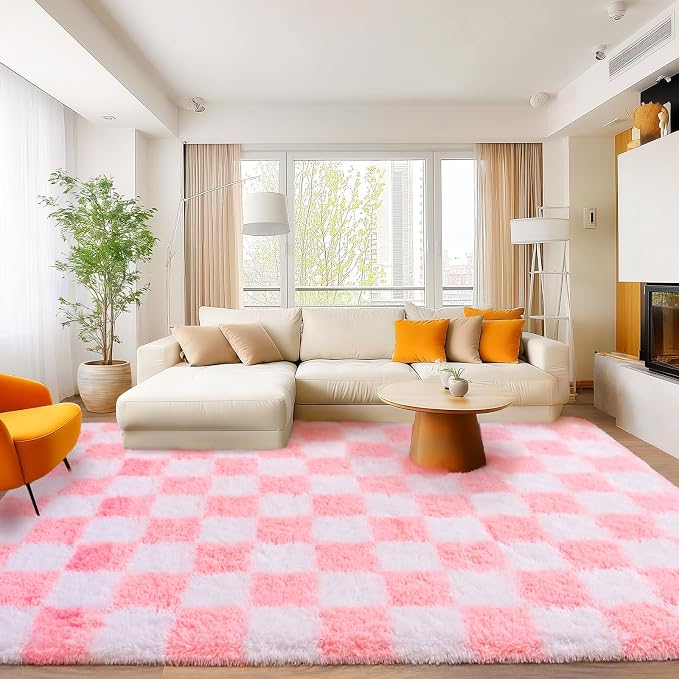 Area Rugs for Living Room Bedroom 9x12, Ultra Fluffy Shag Checkered Rug Modern Washable Carpet Soft Shaggy Non Slip Indoor Plush Fuzzy Rugs for Bedroom Dorm Office Home Aesthetic Decor, Pink and White