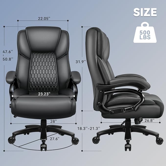 Big and Tall Office Chair 500lbs with Lumbar Support, Ergonomic Heavy Duty Black Office Chair, Leather Office Executive Chair with Quiet Rubber Wheels, Grey Office Comfortable Chair for Heavy People