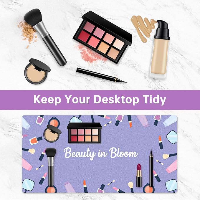 Dual-Sided Waterproof Synthetic Leather Makeup Mat for Desk, Makeup Station, Crafts, Multi-Use Scratch & Stain Resistant Surface Protector Pad for Vanity, Desktop, Craft Table (Purple Cartoon)