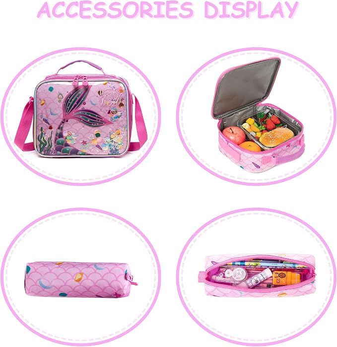 Mermaid Backpack for Girls Backpacks for School Girls 6-12 Travel Backpack for Kids with Lunch Bag Pencil Case Kids Backpacks for Elementary Primary Students