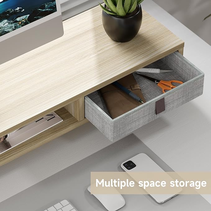Fenge Dual Monitor Stand, 2-Tier Desk Organizer with Drawers, 42.5in, Oak | Storage Fabric Drawer, Ergonomic Height Adjustable, Desk Shelf for Top of Desk, Laptop, PC, TV, Home Office Organization