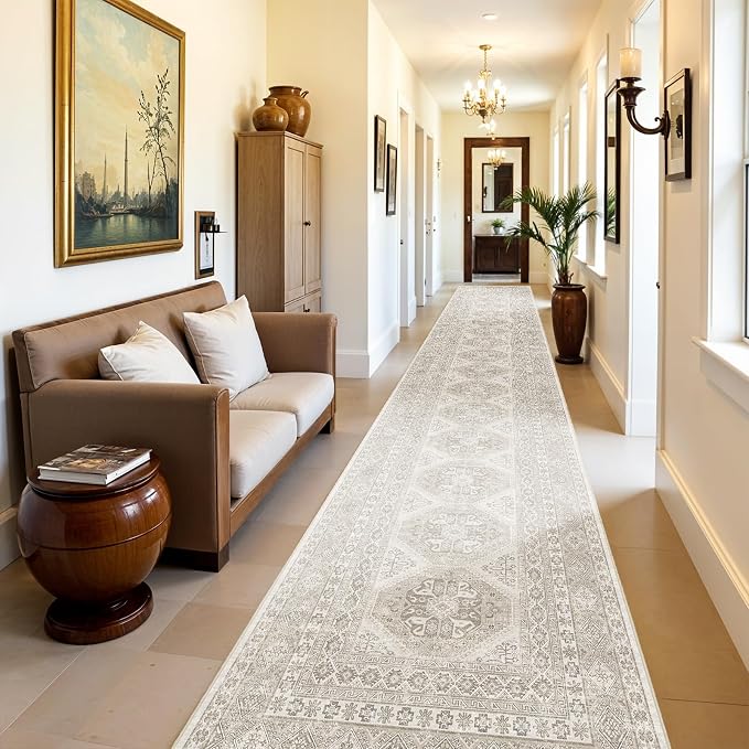 3x20 Runner Rug Kitchen Washable:Oriental Indoor Hallway Runners with Non Slip Backing Floor Mat for Entryway Door Low Pile Thin Carpet for Bedroom Bathroom Living Room Bedside (Beige, 3x20)