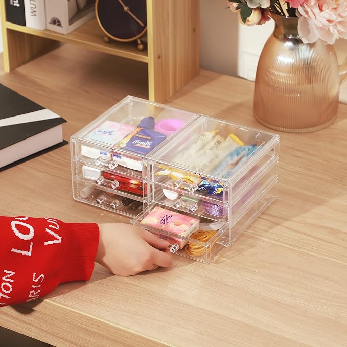 Cq acrylic 1 Pack Clear Acrylic Drawer Organizer Countertop,Stackable 6 Drawers Makeup Storage,Cute Cube Make Up Organizer for Dresser Hair Clip,Beauty Product Desk and Bathroom Organizers and Storage