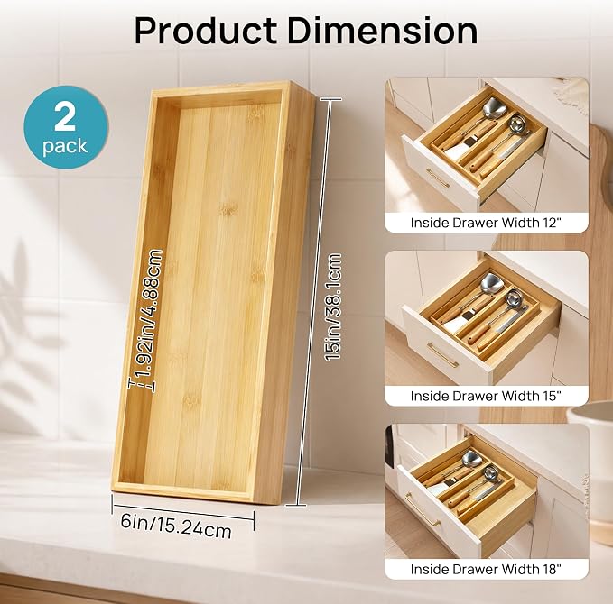 Vtopmart 2 Pack Bamboo Drawer Organizer Boxes, Junk Drawer Storage Trays | Natural Bamboo Storage Dividers for Kitchen, Bathroom, Office & Vanity Drawers, Organize Jewelry, Makeup, Tools & Essentials