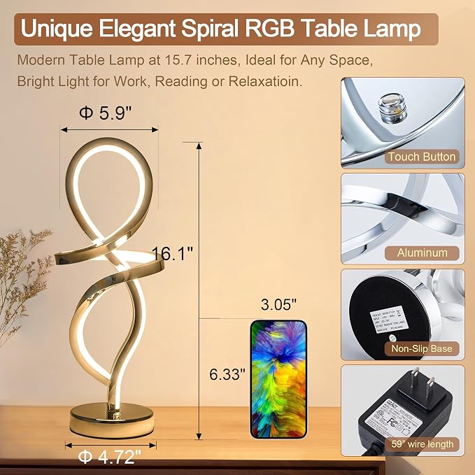 Mayful RGB Modern Table Lamp with 15W LED Unique Spiral Design, Silver Small Bedside Lamp & Nightstand Lamp, Touch Dimmable with 7 Colors & 10 Modes for Bedroom, Living Room, Nightstand, Office