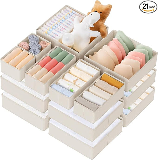 Criusia Drawer Organizer Clothes, 21 Pack Dresser Organizer for Baby Clothes, Underwear, Sock - Foldable Closet Organization and Storage Dividers Bins for Nursery, Bedroom (Oatmeal)
