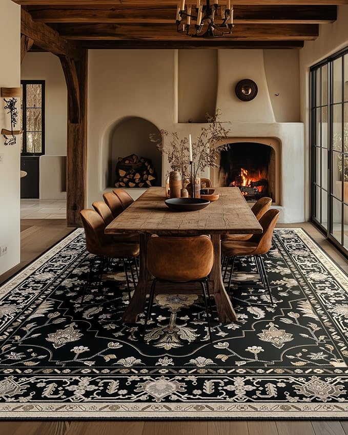 RELEANY Area Rugs 6'x9' Washable Non-Slip, Floral Vintage Distress Medallion Carpet for Living Room Bedroom Dining Room, Black Brown Neutral Dark Tan