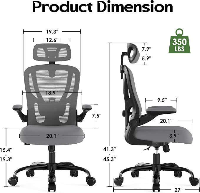 Office Chair Ergonomic Desk Chair - Mesh High Back Office Chair with Headrests Wheels Lumbar Support Home Desk Office Chairs Flip up Armrest Executive Rolling Computer Chair Black Gray