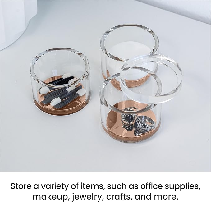3-Tier Stackable Acrylic Holder, Clear with Rose Gold Base | Stylish desk organizer and storage for office or home, Transparent round design, Functional and elegant desk accessories