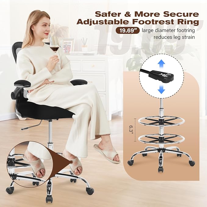 400LBS Drafting Chair,Executive Tall Office Chair with Adjustable Lumbar Support Foot Ring,Comfy W-Shape Thicken Cushion Mesh Chair,Task Chair Padded Flip-up Armrest for Home Office,Black
