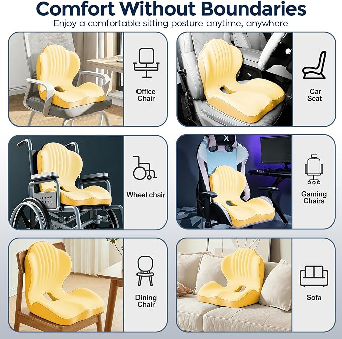 Seat Cushion for Office Chair and Car, L-Shaped Ergonomic Seat Cushions,Memory Foam Orthopedic Cushion with Coccyx Hollow,Lumbar Support & Tailbone Pain Relief for Car, Truck, Home,Gaming Chair,Yellow
