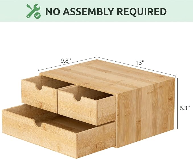Desk Organizer with Drawers - Bamboo Desktop Organizer Storage | White-Natural Wood Desk Drawers Organizer for Bills, Office Supplies, Cosmetics, Seals No Assembly Required
