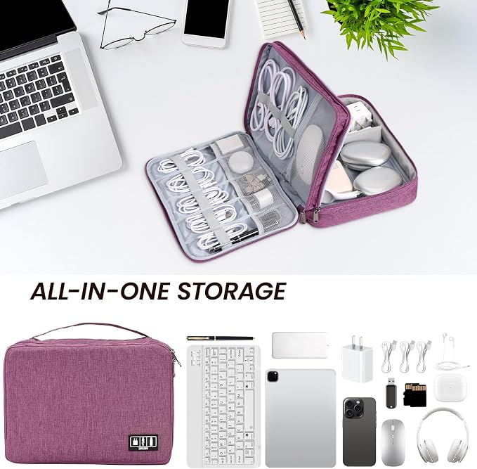 Large Electronic Organizer Travel Case, Double Layer Tech Accessories Bag with 3 DIY Adjustable Dividers, Waterproof Padded Cable Storage Pouch for Camera Gear, Power Bank, Hard Drive, Mouse
