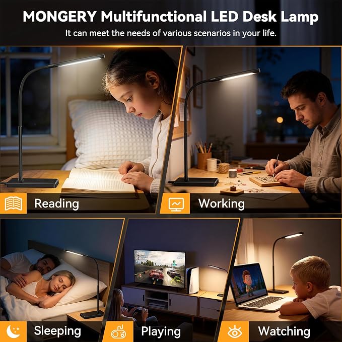 LED Desk Lamp Touch Control Desk Lamp with USB Charging Port 5 Color Modes 6 Brightness Levels Dimmable Eye-Caring Office Lamp with Memory Function 1h Timer Adjustable Neck Table Lamp