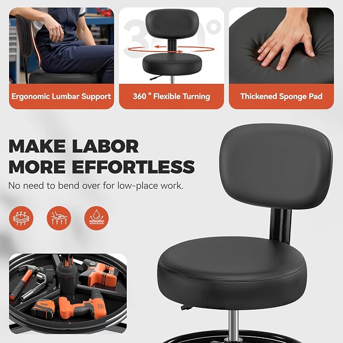 BestGlory Shop Stool with Wheels for Garage, Mechanics Rolling Chair with Backrest, Adjustable Height Heavy Duty Garage Stool with Footrest and Storage Tray, Swivel Task Chair for Workshop Salon