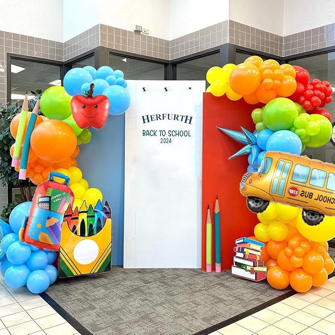160Pcs Back To School Balloon Arch Garland Kit, Apples School Bus Pencil Schoolbag Rainbow Foil Balloons, First Day of School Classroom Kindergarten Graduation Decorations