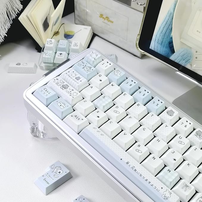 Cute Rabbit Theme Keycaps 140 Keys, PBT Key Cap Set Dye Sublimation, Cherry Profile Blue Keyboard Keycap, Custom Keycaps for Cherry MX Switches Mechanical Gaming Keyboard 60% 75% 100%