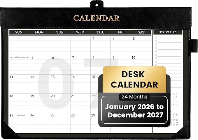 Yoment Desk Calendar 2026-2027, Jan 2026-Dec 2027, Large Desk Calendar with to-Do Lists, 24 Months Leather Desk Pad Wall Calendar with PVC Cover for Work Office School Home Women Men, 17 x 12, Black