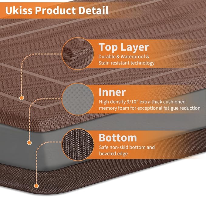 UKISS 9/10"" Extra Thick Cushioned Anti Fatigue Kitchen Mat, Waterproof High Density Foam Standing Desk Mat, Non-Slip Ergonomic Comfort Mat for Kitchen, Office,Workstation Black (Brown, 20" X 39")