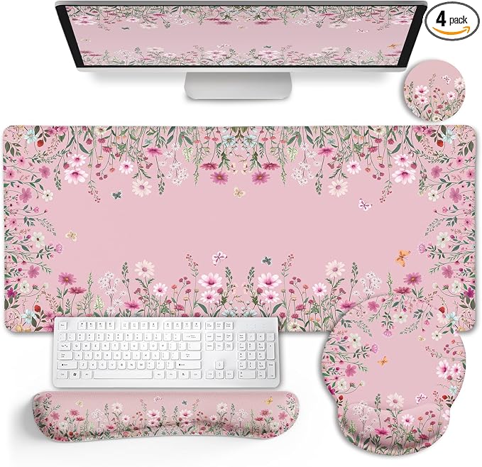 LIMKRIAN Pink Floral Mouse Pad Set, Large Desk Mat for Desktop, Ergonomic Mouse Pad with Wrist Rest for Gaming, Keyboard Mat Wrist Support & Cup Coaster, Cute Home Office Desk Accessories for Women