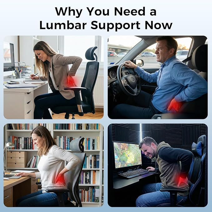 Lumbar Support Pillow for Car & Office Chair - High-Density Memory Foam Back Cushion for Sciatica & Lower Back Pain Relief - Non-Slip Support for Long Commutes & Desk Workers (4D Mesh Black)