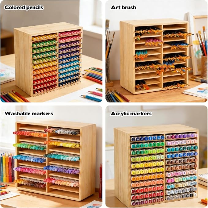 11-Tier Bamboo Marker Organizer with 22 Compartments - Holds 176 Art Markers, No Assembly Horizontal Storage Marker Rack, Bamboo Pen Holder for Desk, Classroom & Office Stationery
