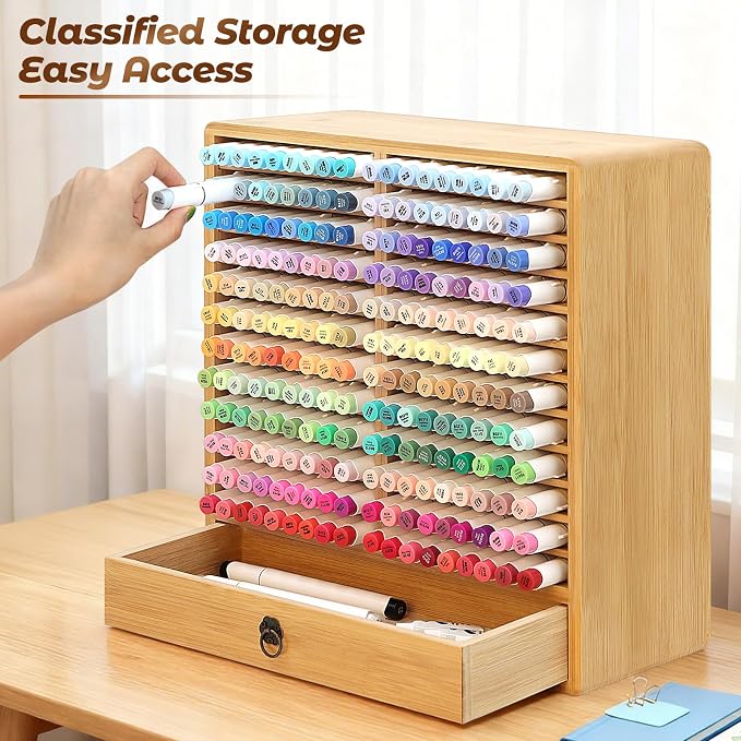Marker Organizer, 24 Slots Wooden Storage for Up to 216 Markers with Drawer | Art Supply Alcohol Pen Storage Desktop Bamboo Marker Holder,Keeping Color Visible,Easy to Reach in Home Office and Classroom.