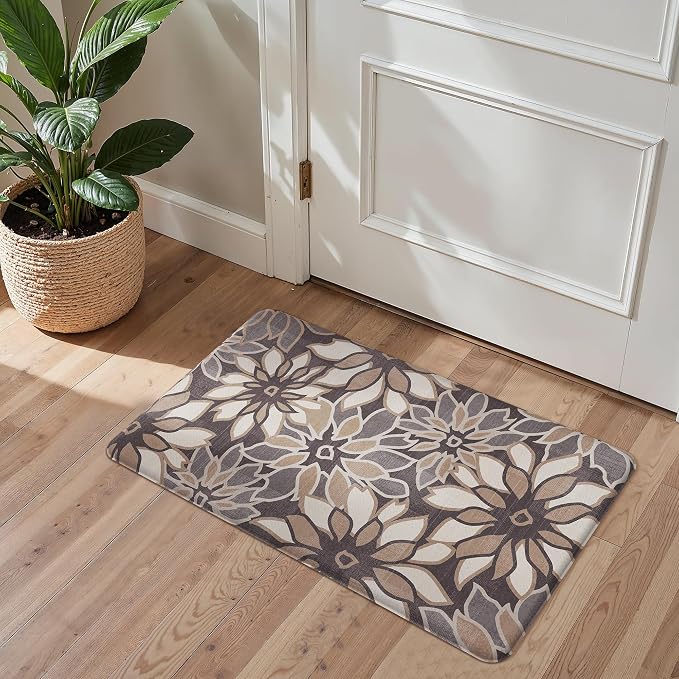 GENIMO Anti Fatigue Kitchen Mats for Floor 2PCS, Cushioned Standing Mats | 17.3"x59"&17.3"x30", Deep Brown vintage floral rug set, waterproof, non slip, easy-clean for farmhouse