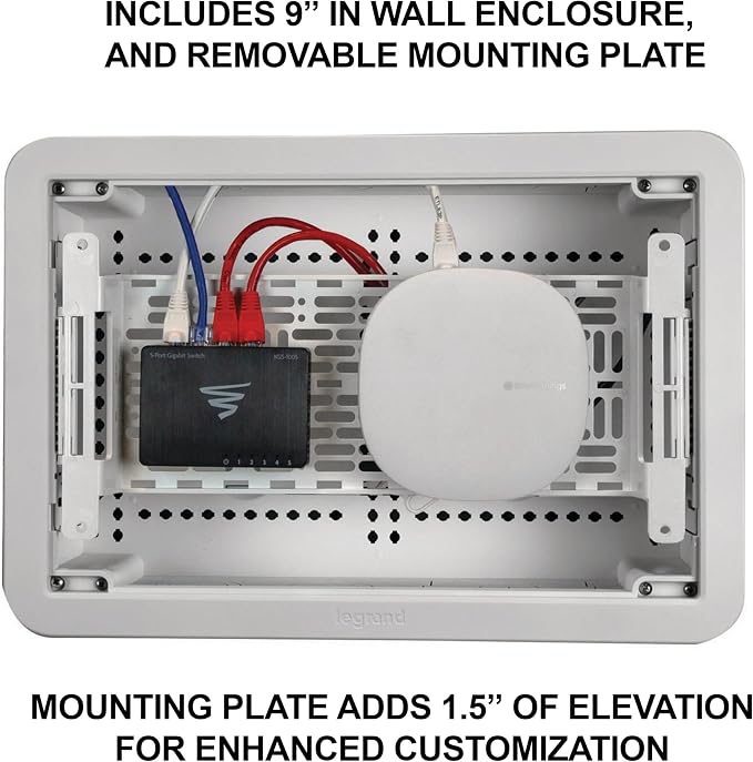 Legrand - OnQ 9" In-Wall Media Box For Device & Cable Management - Structured Wiring Enclosure With Customizable Knockouts - Includes Removable Mounting Plate For Maximum Capacity - White, ENP0905NAV1
