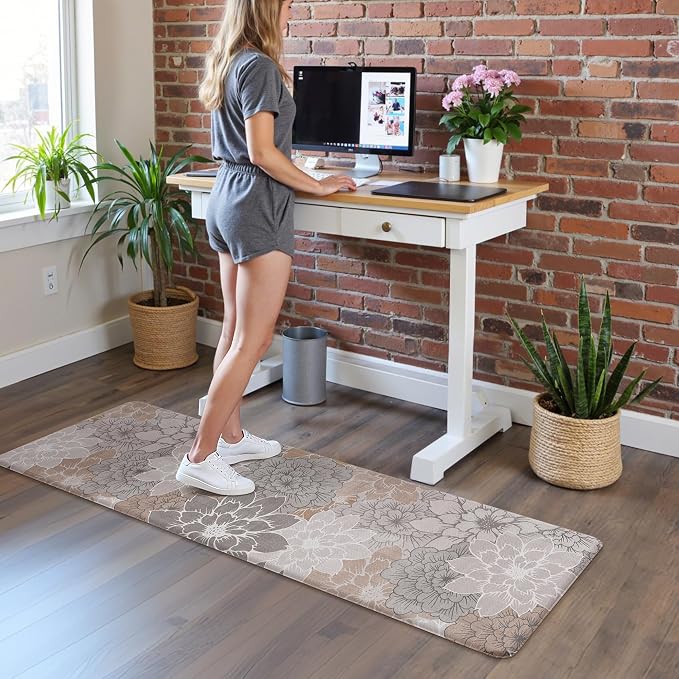 GENIMO Anti Fatigue Kitchen Runner Mats for Floor, Cushioned Standing Mats | 23"x71" , Taupe Grey vintage floral rug set, waterproof, non slip, easy-clean for farmhouse