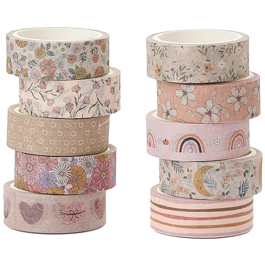 Boho Washi Tape Set 10 Rolls Cute Masking Graphic Floral Pattern Decorative Tapes for Arts, DIY Crafts, Journals, Planners, Scrapbook, Wrapping (Warm)