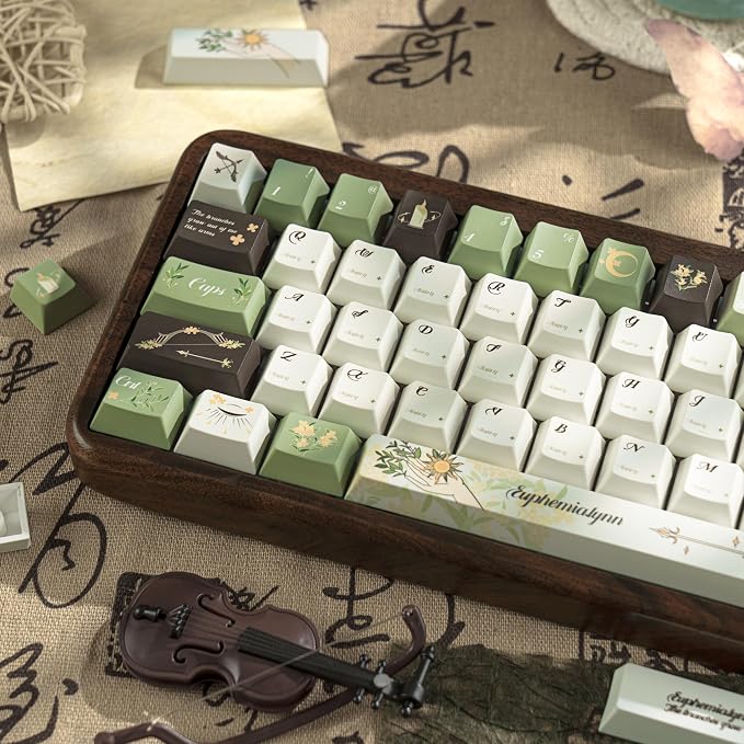 150 Keys Green PBT Keycaps, Laurel Theme Custom Keycap Cherry Profile, Dye-Sublimation Keycaps Set for 61/64/68/84/87/100/104/108 Cherry MX Mechanical Keyboards