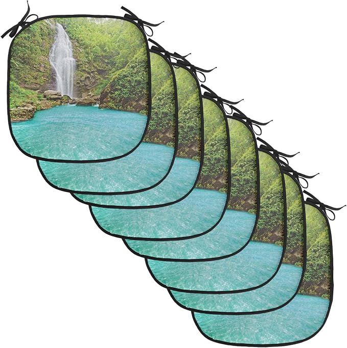 Lunarable Waterfall Chair Cushion Pads Set of 8, Falling Water from Green Mountains Clear Pool and Tropical Plants, Anti-Slip Seat Padding for Kitchen & Patio, 16"x16", Turquoise Green White