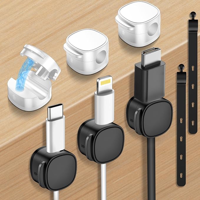 6 Pack,Magnetic Cable Clips & Silicon Cable Ties Cable Organizer | [Cable Smooth Adjustable Under Desk Organizer],Cable Management,Cord Holder-Desk Stand Holding,Adhesive Home Cable Keeper