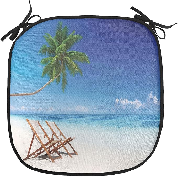 Lunarable Coastal Chair Cushion Pad, Havana Paradise Beach Exotic Travel Locations in The Morning Tropical Climate, Seat Padding for Kitchen & Patio with Anti-Slip Backing, 16"x16", Blue Brown White